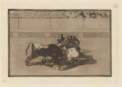 Caida de un picador de su caballo debajo del toro (Um Picador é Desmontado e cai sob o Touro), Placa 26 de La tauromaquia (Tourada) de Francisco de Goya
