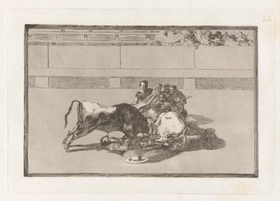 Caida de un picador de su caballo debajo del toro (Um Picador é Desmontado e cai sob o Touro), Placa 26 de La tauromaquia (Tourada) de Francisco de Goya