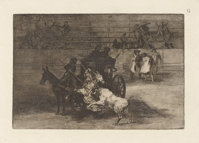 Combat dans une voiture attelee de deux mulets (Combat dans une voiture attelee de deux mulets), Plate G de La tauromaquia (terceira edição) de Francisco de Goya