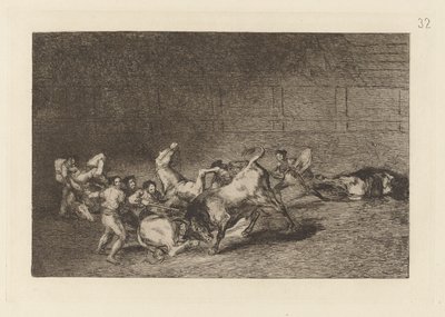 Dos grupos de picadores arrolados de seguida por um toro solo (Duas Equipas de Picadores Arremessados Um Após o Outro por um Único Touro), Placa 32 de La tauromaquia (Tourada) de Francisco de Goya