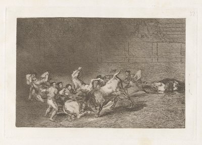 Duas equipes de picadores lançados um após o outro por um único touro, placa 32 de La tauromaquia de Francisco de Goya