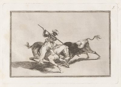 O espirituoso mouro Gazul é o primeiro a lançar? touros em regra (The Spirited Moor Gazul é o primeiro a lançar touros de acordo com as regras), placa 5 de La tauromaquia de Francisco de Goya