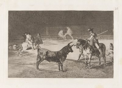 El c?lebre Fernando del Toro, barilarguero, forçando a besta com sua vara (O Celebrado Picador, Fernando del Toro, Desenha a Fera Feroz com seu Pique), Placa 27 de La tauromaquia de Francisco de Goya