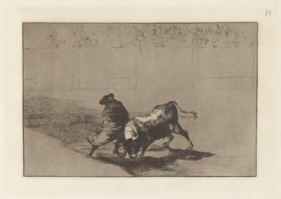 El diestr?smo estudiante de Falces, embozado burla al toro con sus quiebros (O Muito hábil aluno de Falces, Embrulhado no seu Cabo, Truques o Touro com o Jogo do seu Corpo), Placa 14 de La tauromaquia de Francisco de Goya
