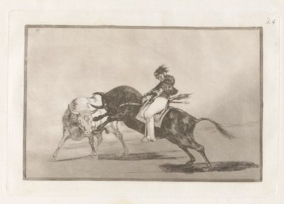 El mismo Ceballos montado sobre otro toro quiebra rejones en la plaza de Madrid (O mesmo Ceballos montado em Outro Touro Quebra Lanças Curtas no Anel em Madrid), Placa 24 de La tauromaquia de Francisco de Goya