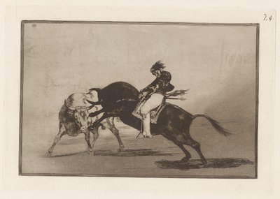 Os mesmos Ceballos montados em outro touro quebra Rejones na Plaza de Madrid (Os mesmos ceballos montados em outro touro quebra lanças curtas no ringue em Madrid), Placa 24 de La tauromaquia de Francisco de Goya