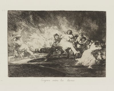Escapan entre las lhamas. (Eles escapam através das chamas.), pl. 41 da série Los desastres de la guerra (Os Desastres da Guerra) de Francisco de Goya