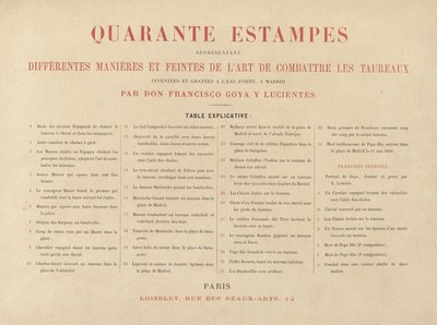 Folha explicativa, de La tauromaquia (Terceira Edição) de Francisco de Goya