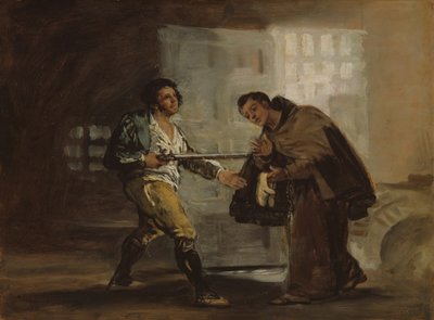 Frei Pedro oferece sapatos a El Maragato e se prepara para afastar sua arma, c. 1806. de Francisco de Goya