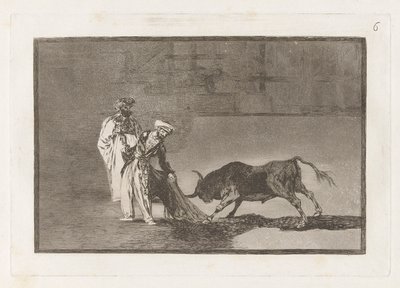Os mouros fazem outro capeo na praça com seus albornoz (Os mouros fazem uma jogada diferente no ringue chamando o touro com seus burnous), Placa 6 de La tauromaquia de Francisco de Goya