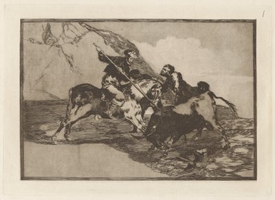 Modo con que los antiguos Espa?oles cazaban los toros ? caballo en el campo (O Caminho em que os Antigos Espanhóis Caçavam Touros a Cavalo no Campo Aberto), Placa 1 de La tauromaquia de Francisco de Goya