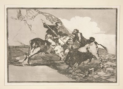Como os antigos espanhóis caçavam os touros? cavalo no campo (A maneira como os antigos espanhóis caçavam touros a cavalo no campo aberto), pl. 1 da série Tourada de Francisco de Goya