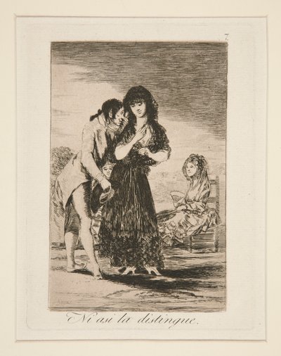 Ni asi la distingue (Mesmo assim, ele não pode fazê-la sair), pl. 7 de Los caprichos de Francisco de Goya
