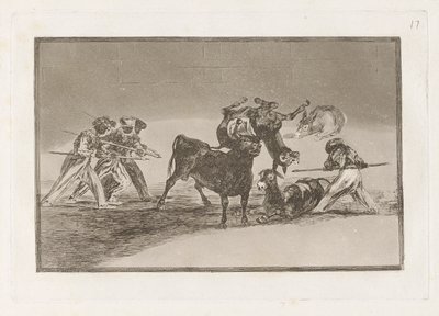 Palenque de los moros hecho con burros para defenderse del toro embolado (Os Mouros usam burros como barreira para se defenderem contra o touro cujos chifres foram derrubados com bolas), Placa 17 de La tauromaquia de Francisco de Goya