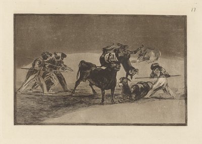 Palenque de los moros hecho con burros para defenderse del toro embolado (Os Mouros Usam Burros como Barreira para se Defenderem Contra o Touro Cujos Chifres Foram Derrubados com Bolas), Prato 17 de La tauromaquia de Francisco de Goya