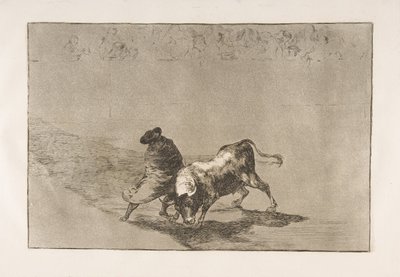 Ilustração 14 da Tauromaquia: O estudante muito habilidoso de Falces, embrulhado em sua capa ..., 1816. de Francisco de Goya