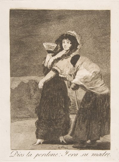 Ilustração 16 de Los Caprichos: Pelo amor de Deus: e era sua mãe Dios la Perdone: Y ..., 1799. de Francisco de Goya