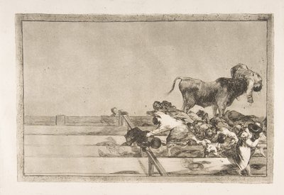 Ilustração 21 da Tauromaquia: Eventos terríveis nas filas da frente do anel em Madri a ..., 1816. de Francisco de Goya