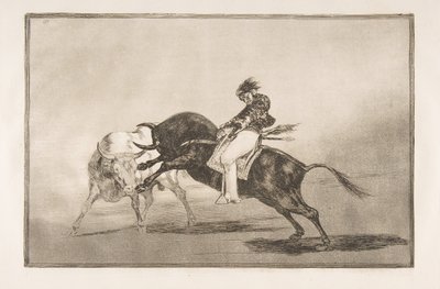 Ilustração 24 de Tauromaquia: Os mesmos ceballos montados em outro touro quebram a fala ..., 1816. de Francisco de Goya