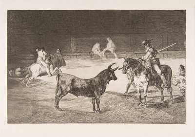 Ilustração 27 do Tauromaquia: O célebre picador, Fernando del Toro, desenha o fogo ..., 1816. de Francisco de Goya