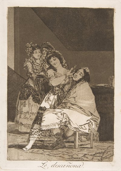 Ilustração 35 de Los Caprichos: Ela o tira de Le descañona., 1799. de Francisco de Goya