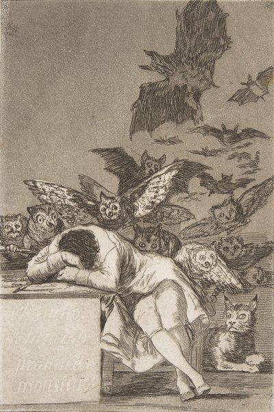 Ilustração 43 de Los Caprichos: O sono da razão produz monstros E ..., 1799, publicado 1908-12. de Francisco de Goya