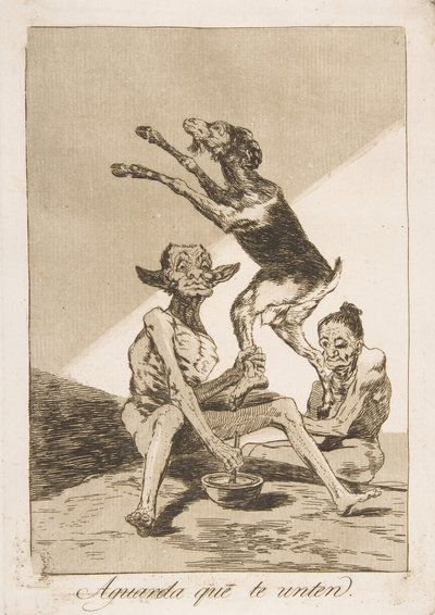 Ilustração 67 de Los Caprichos: Espere até você ser ungido Aguarda que te unten., 1799. de Francisco de Goya