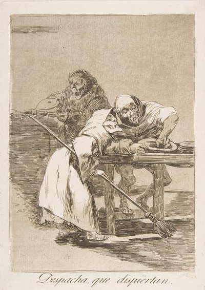 Ilustração 78 de Los Caprichos: Seja rápido, eles estão acordando Despacha, que dispiertan., 1799. de Francisco de Goya