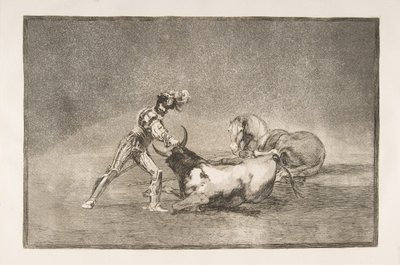 Ilustração 9 da Tauromaquia: Um cavaleiro espanhol mata o touro depois de ter perdido o cavalo., 1816. de Francisco de Goya