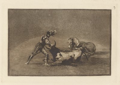 Um cavaleiro espanhol mata o touro depois de ter perdido seu cavalo (Um cavaleiro espanhol mata o touro depois de ter perdido seu cavalo), Placa 9 de La tauromaquia de Francisco de Goya