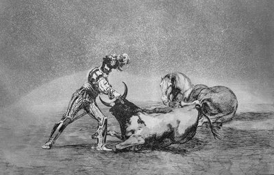 Um cavaleiro espanhol mata o touro depois de ter perdido o seu cavalo, prato 9 de "A Arte da Tauromaquia", pub. 1816 (gravura) de Francisco Jose de Goya y Lucientes