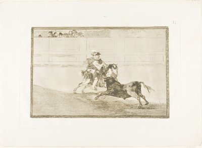 Um cavaleiro espanhol montado no ringue quebrando lanças curtas sem a ajuda de assistentes, placa 13 de The Art of Bullfighting de Francisco Jose de Goya y Lucientes