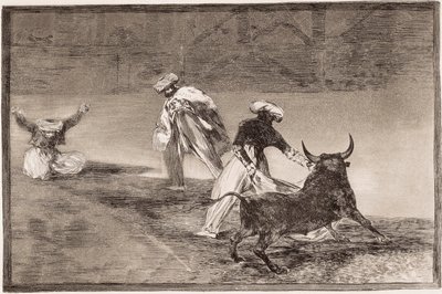 Tourada: Os Mouros tocam a capa com outro touro num recinto. de Francisco de Goya