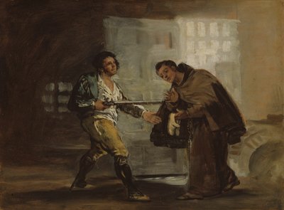 Frei Pedro oferece sapatos a El Maragato e prepara-se para empurrar a arma para o lado de Francisco Jose de Goya y Lucientes