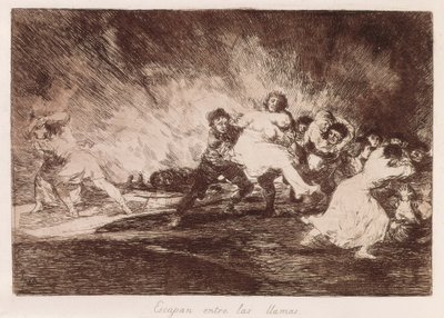 GOYA Y LUCIENTES, Francisco de (1746-1828). Eles escapam através das chamas. 1810-1812. (16,1 x 23,3 cm). Placa 47 de "As Catástrofes da Guerra". Etching. ESPANHA. MADRID (COMUNIDADE AUTÓNOMA). Madrid. Biblioteca Nacional de Francisco Jose de Goya y Lucientes
