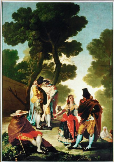 La maja y los Embozados - a maja e os homens de capa, desenho para tapeçaria 40-06-09/42 ... (pintura sobre tela) de Francisco Jose de Goya y Lucientes