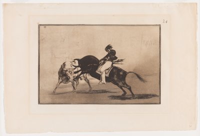 Placa 24 de La Tauromaquia: A mesma Ceballos montado em outra quebra de touros Lanças curtas no ringue em Madrid de Francisco Jose de Goya y Lucientes