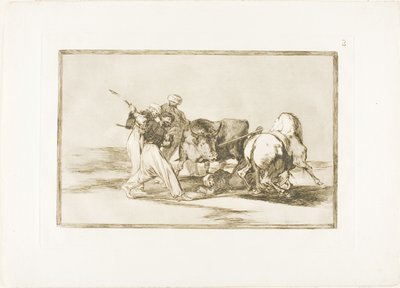 Os mouros se estabeleceram na Espanha, abandonando as superstições do Alcorão, adotaram essa arte de caçar e lançam um touro ao ar livre, placa três de The Art of Bullfighting de Francisco Jose de Goya y Lucientes