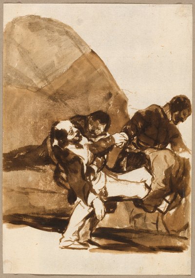 Três homens carregando um soldado ferido, de Imagens de Espanha, Álbum F de Francisco Jose de Goya y Lucientes
