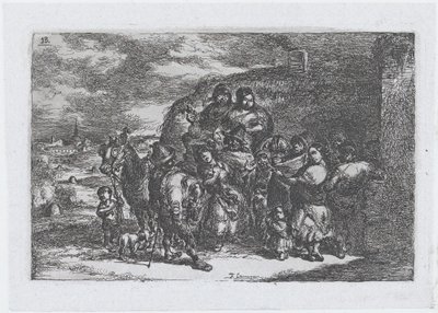 Placa 13: um grupo de pessoas ao ar livre incluindo possivelmente músicos, da série de cust..., 1850. de Francisco Lameyer Berenguer