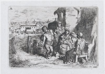 Ilustração 16: um grupo de pessoas ao ar livre, incluindo um homem servindo vinho ou água de um vaso..., 1850. de Francisco Lameyer Berenguer