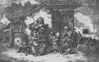 Prancha 19: uma família e um menino brincando com um cachorro do lado de fora de uma casa, da série de costume..., 1850. de Francisco Lameyer Berenguer
