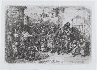 Placa 3: um grupo de músicos de rua, da série de costumes e passatempos dos espanhóis..., 1850. de Francisco Lameyer Berenguer