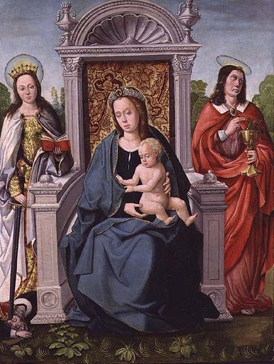 Madonna e Criança com Santa Catarina e São João Evangelista, c.1530-40 (painel) de Francisco de (attr. to) Comontes