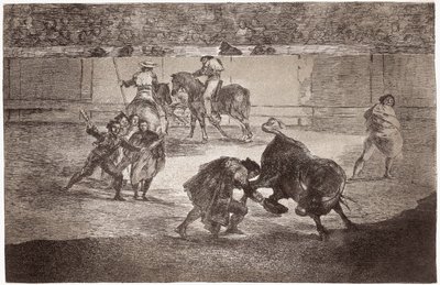 Tourada: um toureiro entra na arena para matar o touro com um chapéu em vez da muleta de Francisco de Goya