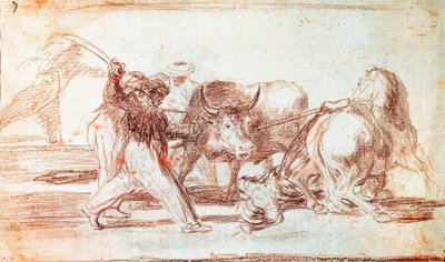 Touradas: os mouros que residiam na Espanha, ignorando as superstições do Alcorão, adotaram esta arte de caçar atirando lanças ao ar livre de Francisco de Goya