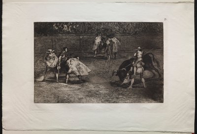 Touradas: Um toureiro montado nos ombros de um assistente, lançando um touro de Francisco de Goya