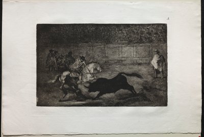 Touradas: um cavaleiro montado espanhol quebrando lanças curtas com a ajuda de assistentes de Francisco de Goya