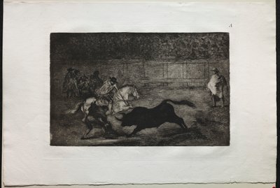 Touradas: Um cavaleiro montado espanhol que quebra lanças curtas com a ajuda de assistentes, 1876. de Francisco de Goya
