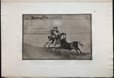 Touradas: um cavaleiro espanhol montado no ringue quebrando lanças curtas sem a ajuda ..., 1876. de Francisco de Goya